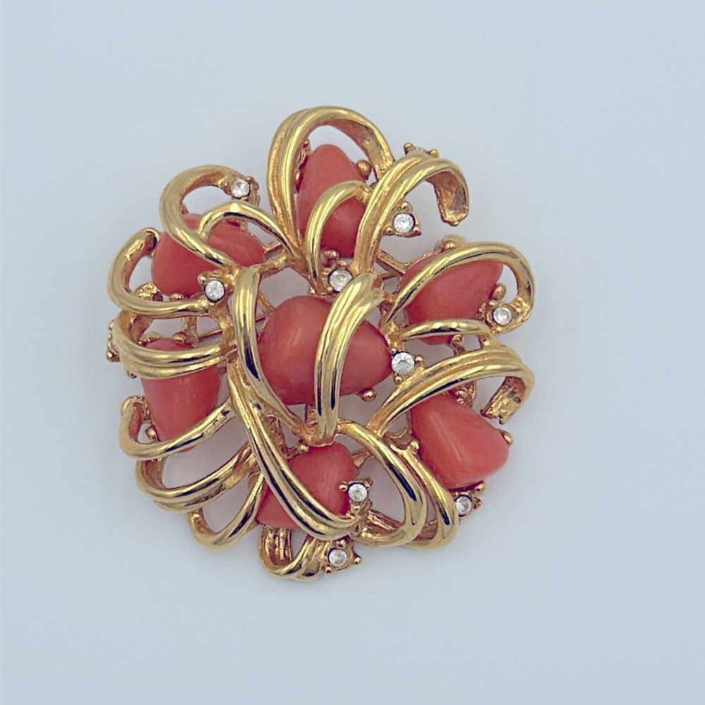 Vintage Joan Rivers Faux Coral & Crystal Ribbon Brooch